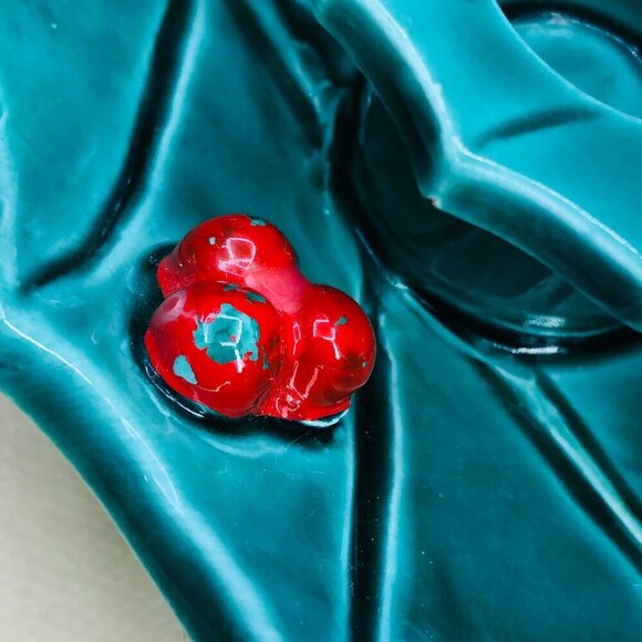 Hallmark Green Holly Berry Candleholder Dish Kitsch Vintage Christmas Decor - Picture 10 of 10